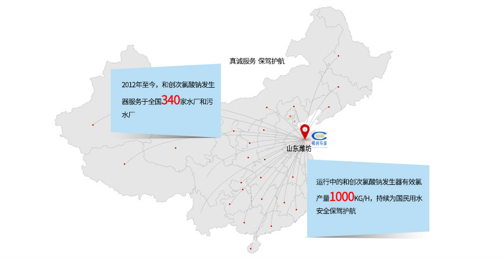 賀：2012年至今，和創(chuàng)次氯酸鈉發(fā)生器已服務于全國340家水廠和污水廠